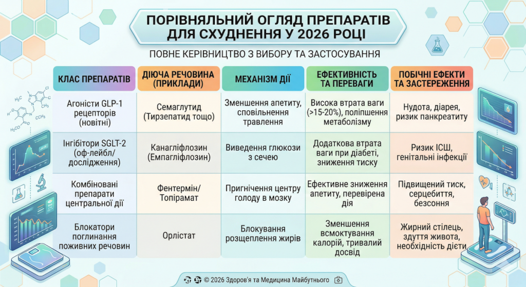 Порівняльний огляд препаратів для схуднення у 2026 році: повне керівництво з вибору та застосування