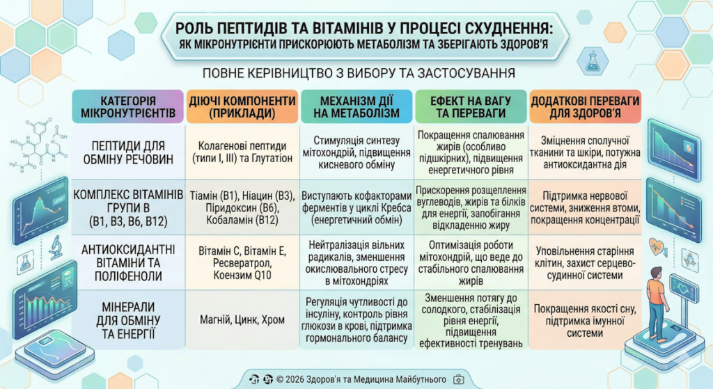 Роль пептидів та вітамінів у процесі схуднення: як мікронутрієнти прискорюють метаболізм та зберігають здоров’я